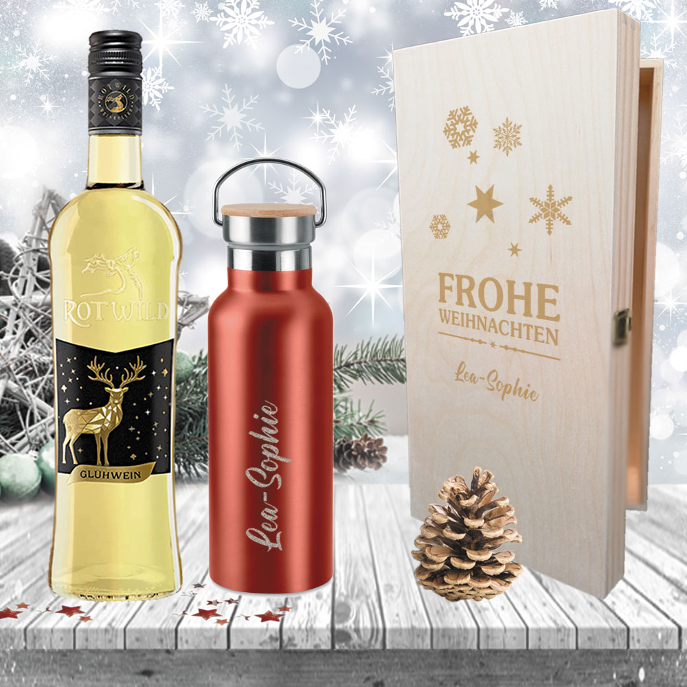 Edles Glühwein-Geschenk-Set mit gravierter Isolierflasche in Holzkiste 