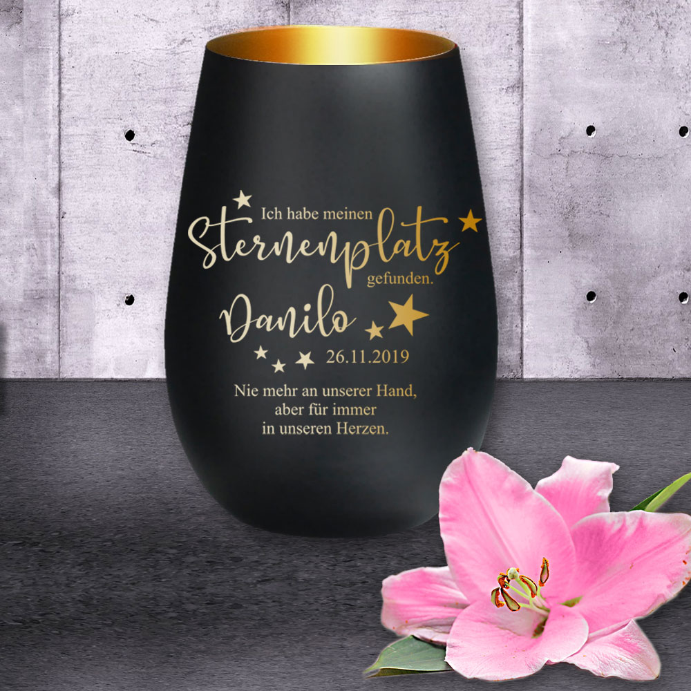 Windlicht/Gedenklicht Sterne mit Name, Datum und Wunschtext graviert 