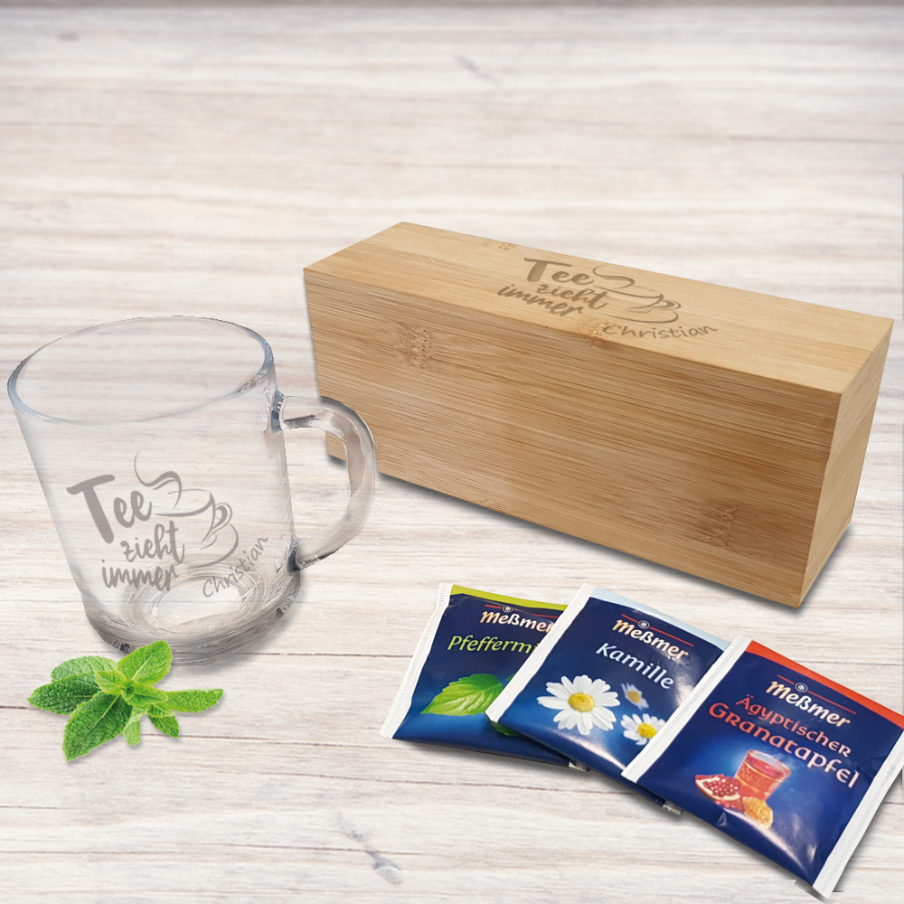 Tee Geschenkset personalisiert mit gravierter Leonardo Tasse und Box 