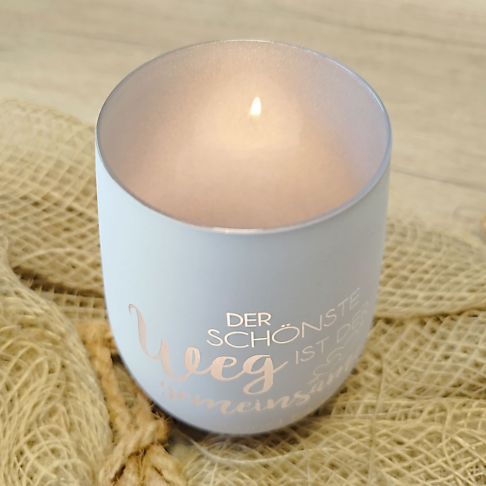 Windlicht mit "Der schönste Weg ist der gemeinsame" graviert als Geschenkidee zur Hochzeit Weiß-Silber