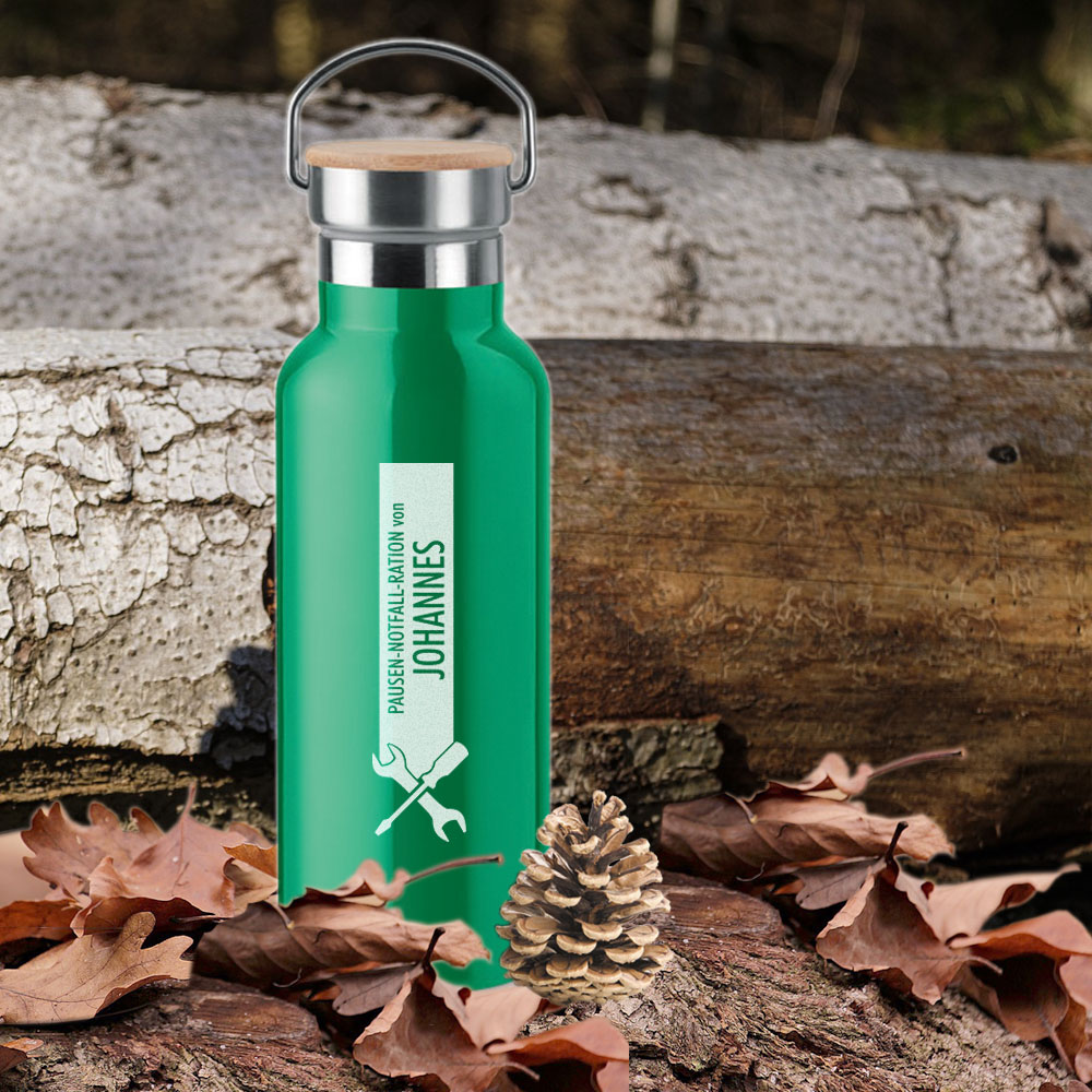 Gravierte Isolierflasche 0,5 l "at work" mit individuellem Wunschnamen 