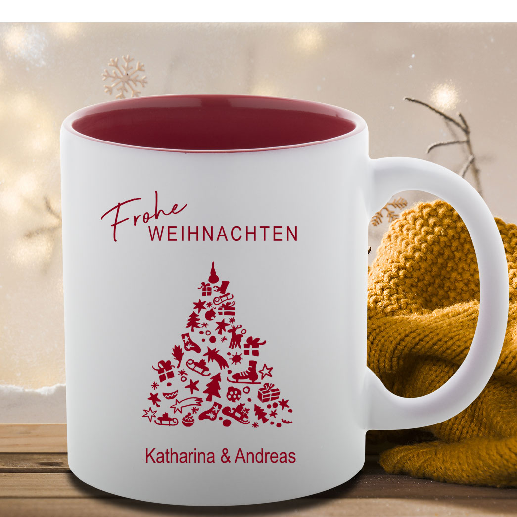 Gravierte Keramik-Tasse mit Weihnachtsmotiv und Namen 