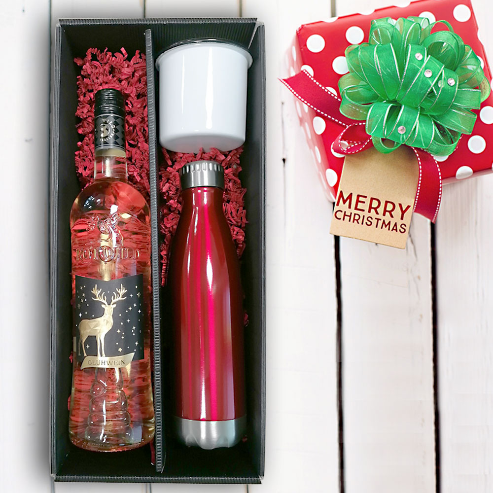 Glühwein-Geschenk-Set mit Isolierflasche, Emailletasse und Glühwein 