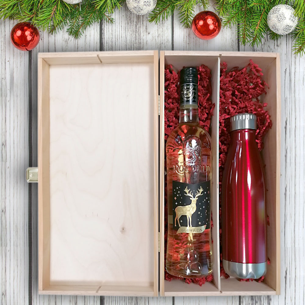 Edles Glühwein-Geschenk-Set mit gravierter Isolierflasche in Holzkiste 