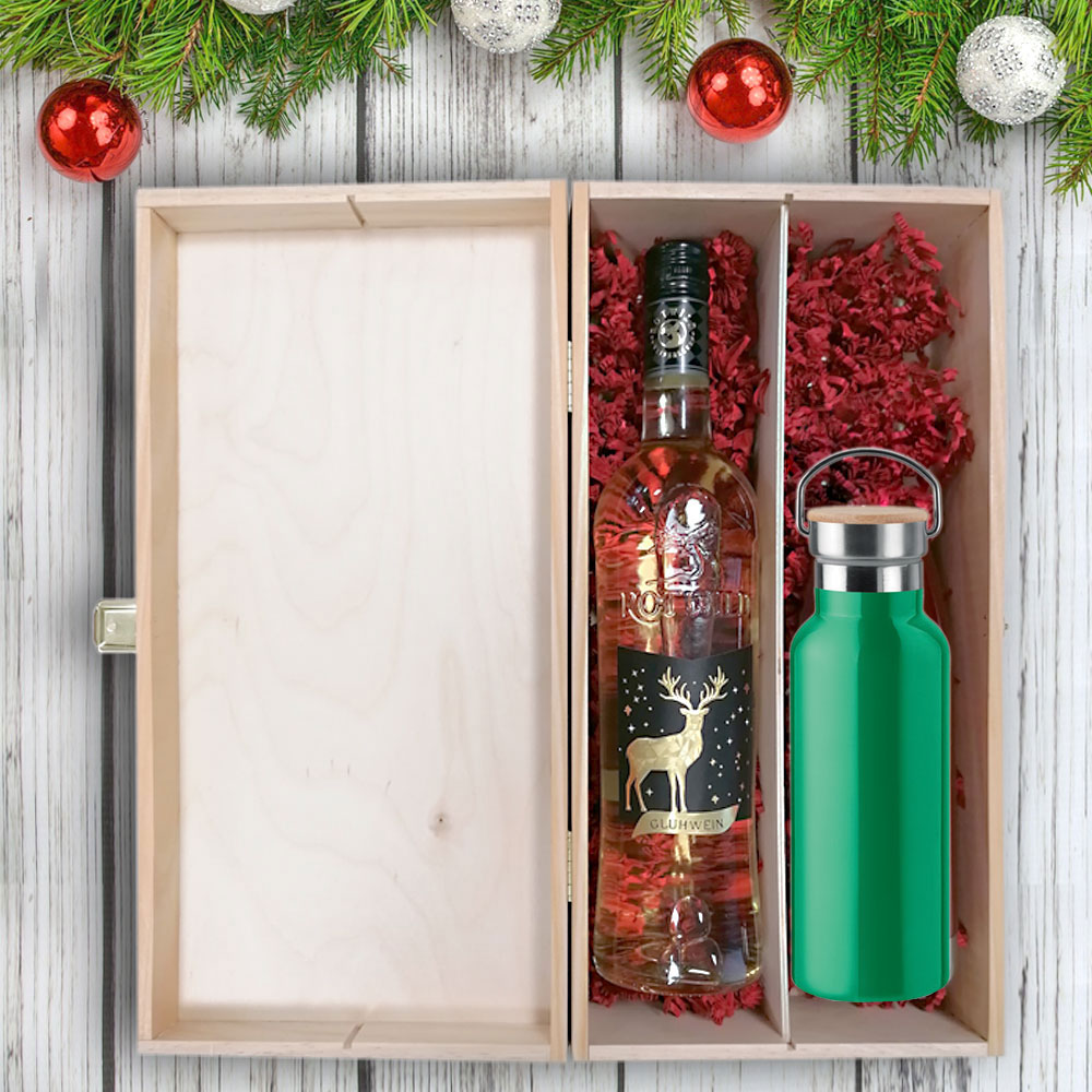 Edles Glühwein-Geschenk-Set mit gravierter Isolierflasche in Holzkiste 