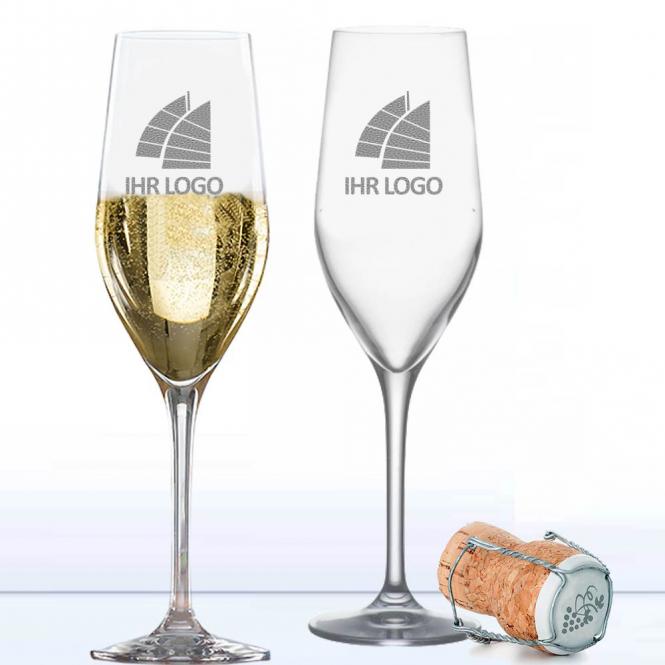 Sektgläser/Champagnergläser mit Logo als Set mit Holzkiste 