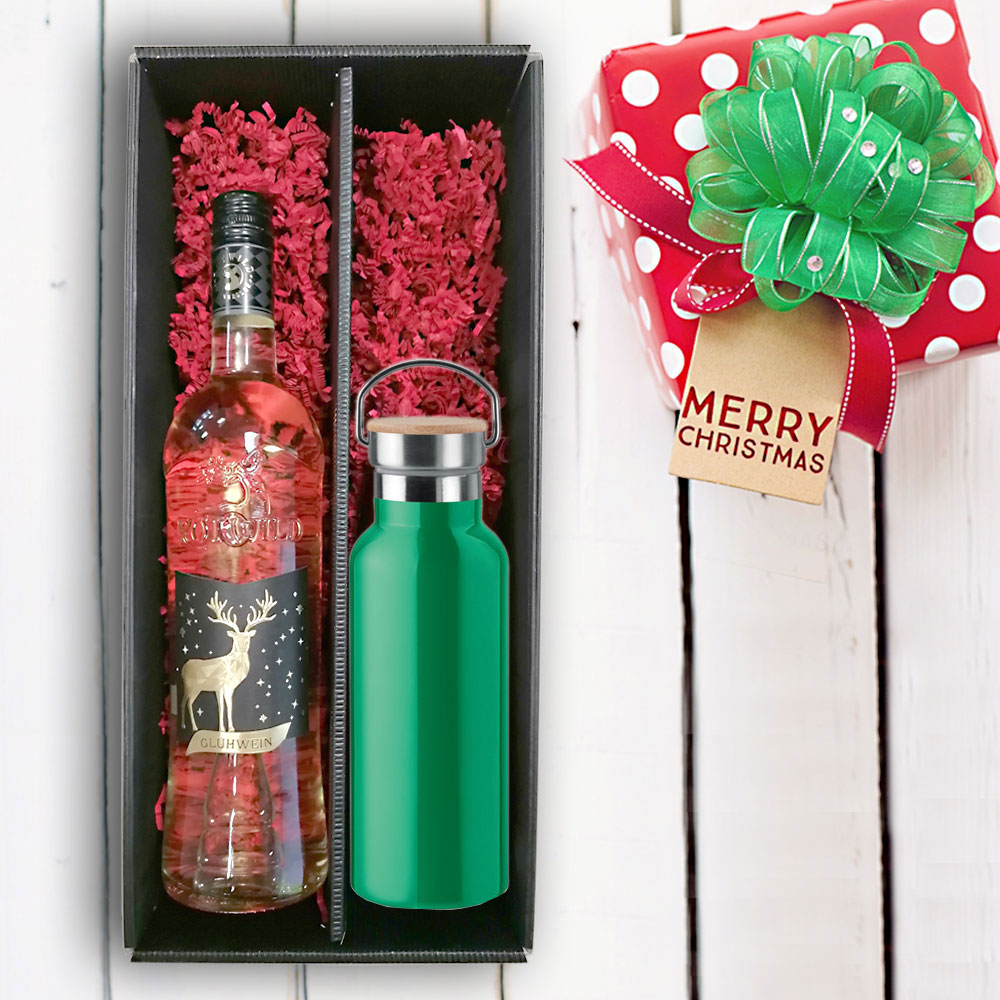 Praktisches Glühwein-Geschenk-Set mit gravierter Isolierflasche 