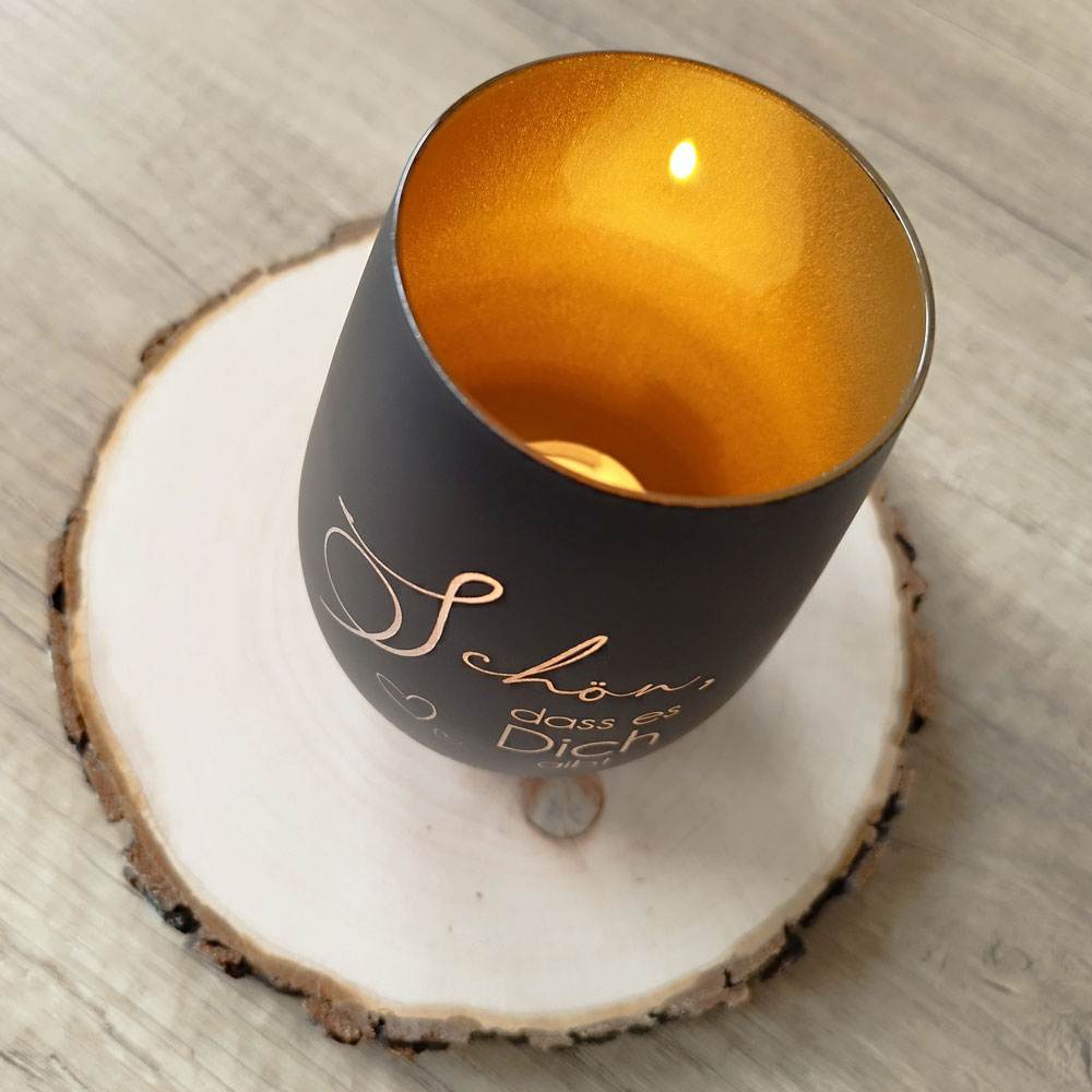 Windlicht mit Gravur "Schön dass es Dich gibt" Geschenkidee für Freunde Schwarz-Gold