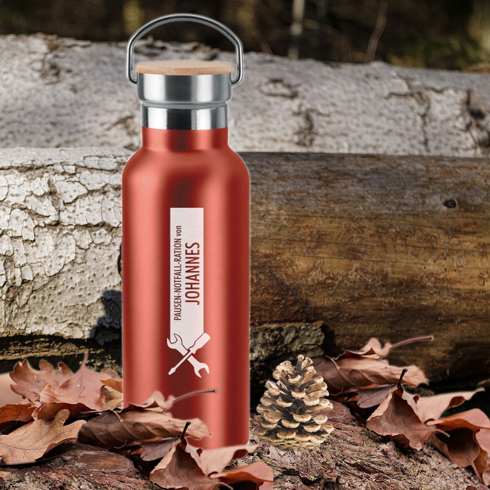 Gravierte Isolierflasche 0,5 l "at work" mit individuellem Wunschnamen 